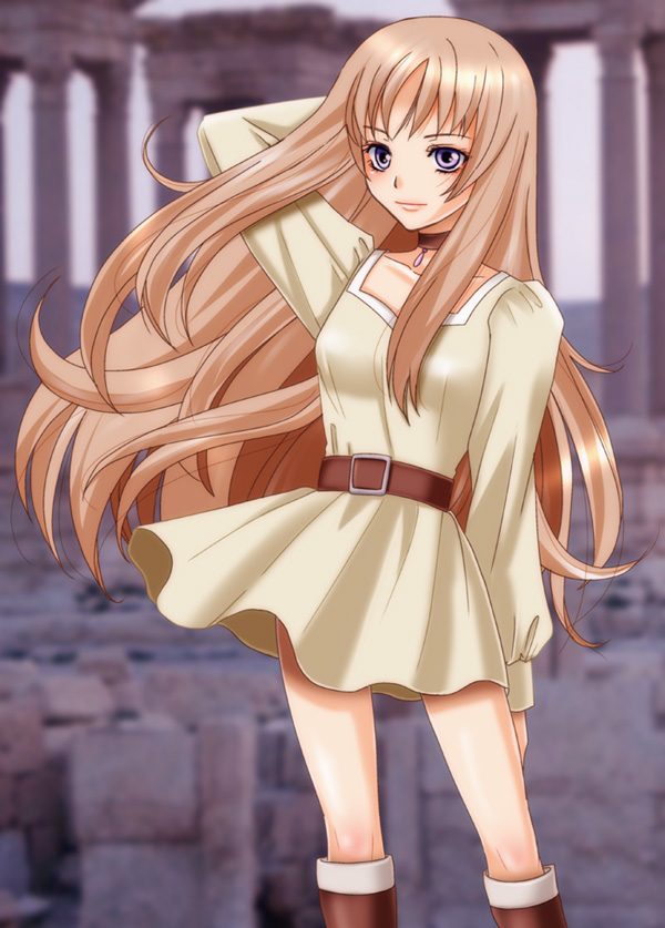 aquila_yuna, belt, boots, brown_hair, choker, dress, female, inumori_sayaka