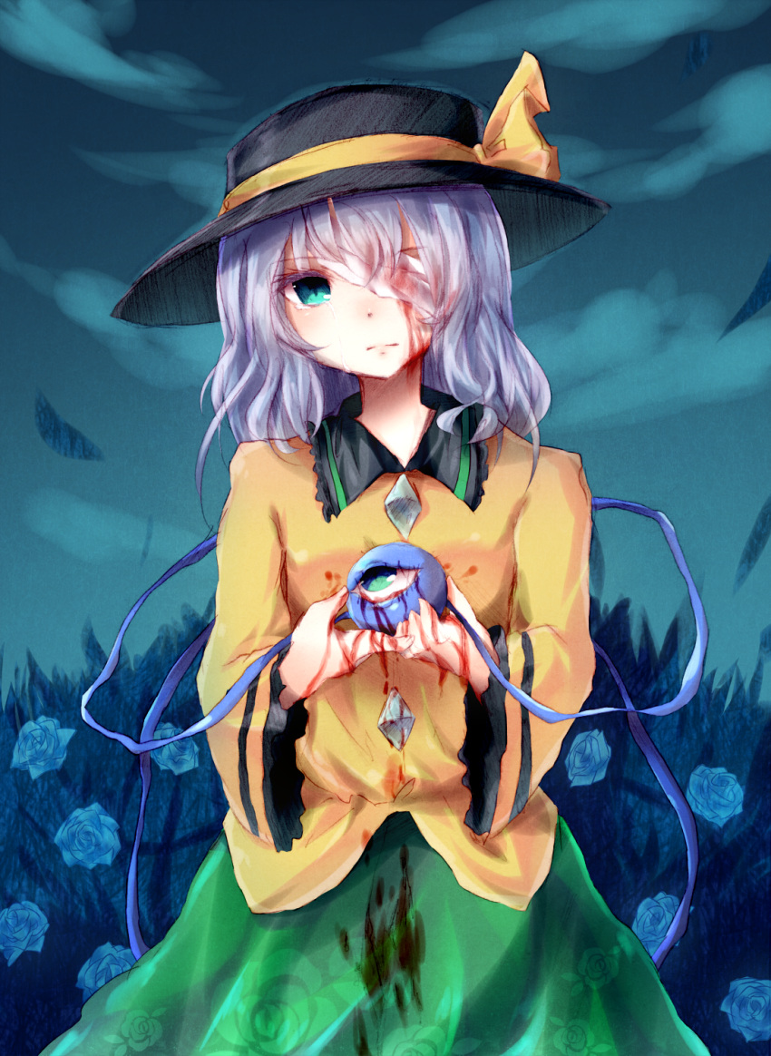 bandage, bandage_over_one_eye, bandages, blood, blue_eyes, blue_hair, blue_rose, flower