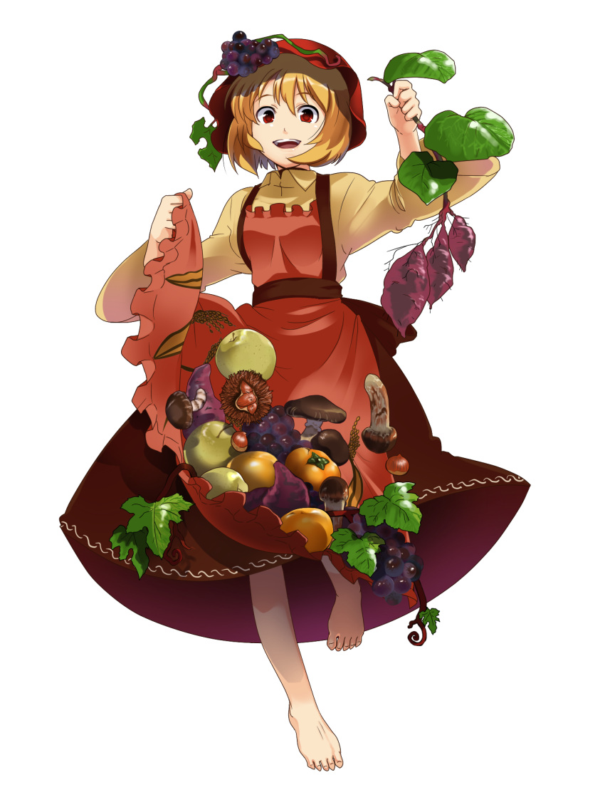 aki_minoriko, bad_id, barefoot, blonde_hair, chestnut, feet, food, fruit