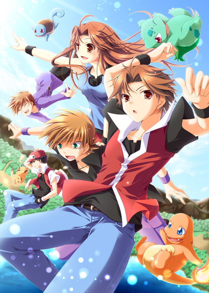 blue_(pokemon), brown_eyes, brown_hair, bulbasaur, charmander, dual_persona, hat, mao_(core)