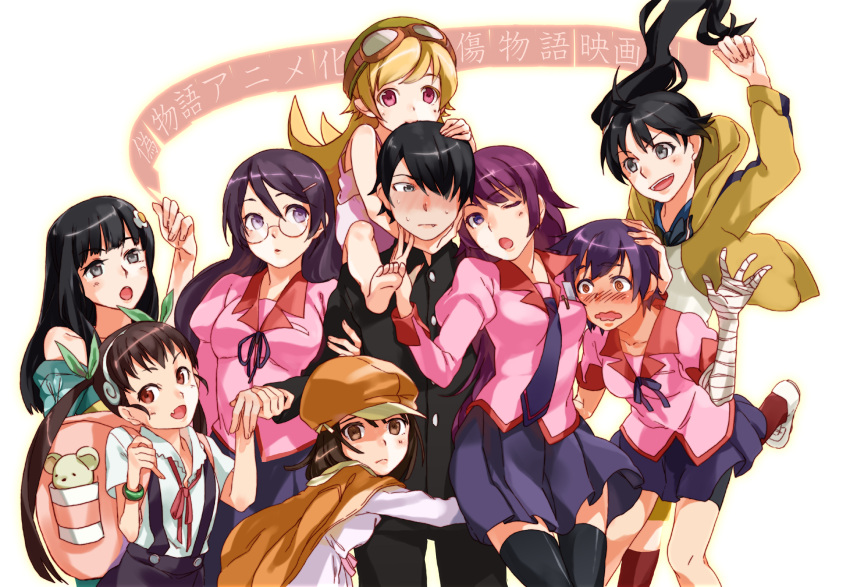araragi_karen, araragi_koyomi, araragi_tsukihi, bakemonogatari, everyone, hachikuji_mayoi, hanekawa_tsubasa, harem