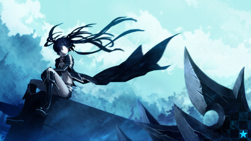 absurdres, bikini_top, black_hair, black_rock_shooter, black_rock_shooter_(character), blue_eyes, boots, checkered