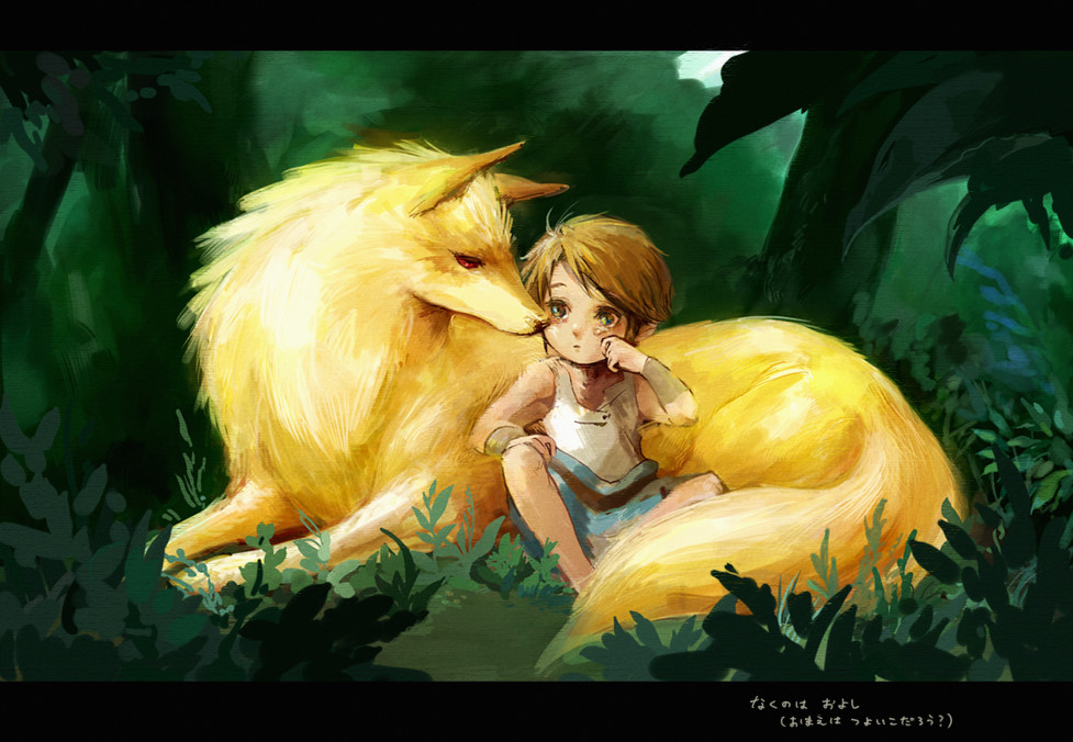 1boy, brown_hair, child, comforting, dual_persona, eye_contact, letterboxed, link