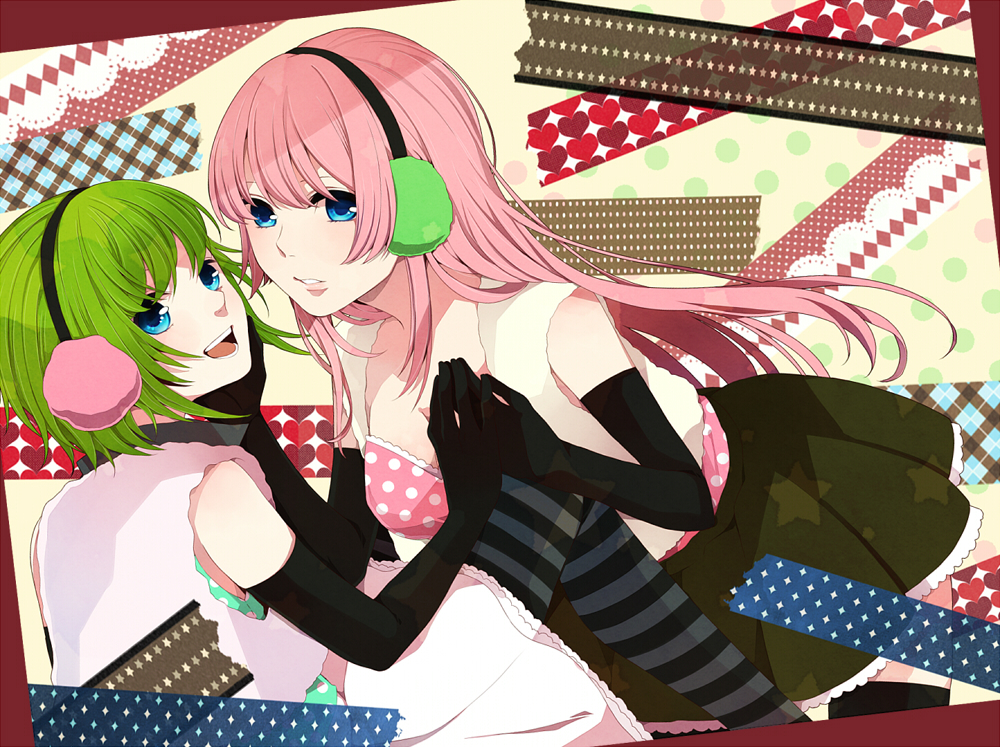 blue_eyes, earmuffs, elbow_gloves, gloves, green_hair, gumi, happy_synthesizer_(vocaloid), hiro_satochi