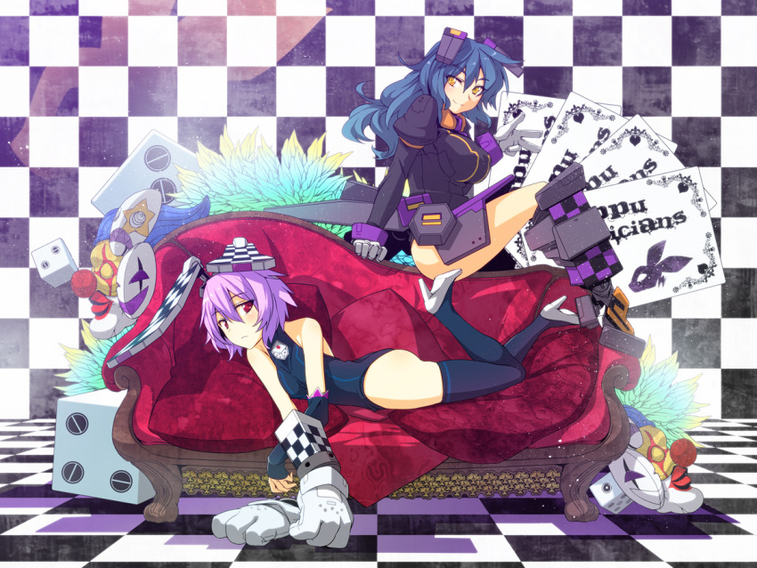 blue_hair, bunny_ears, checkered, cosmic_break, couch, dice, gloves, high_heels