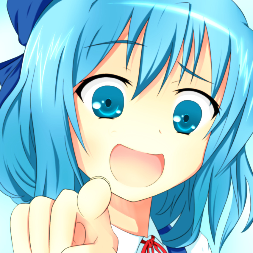 blue_eyes, blue_hair, bow, cirno, hair_bow, highres, laughing, looking_at_viewer