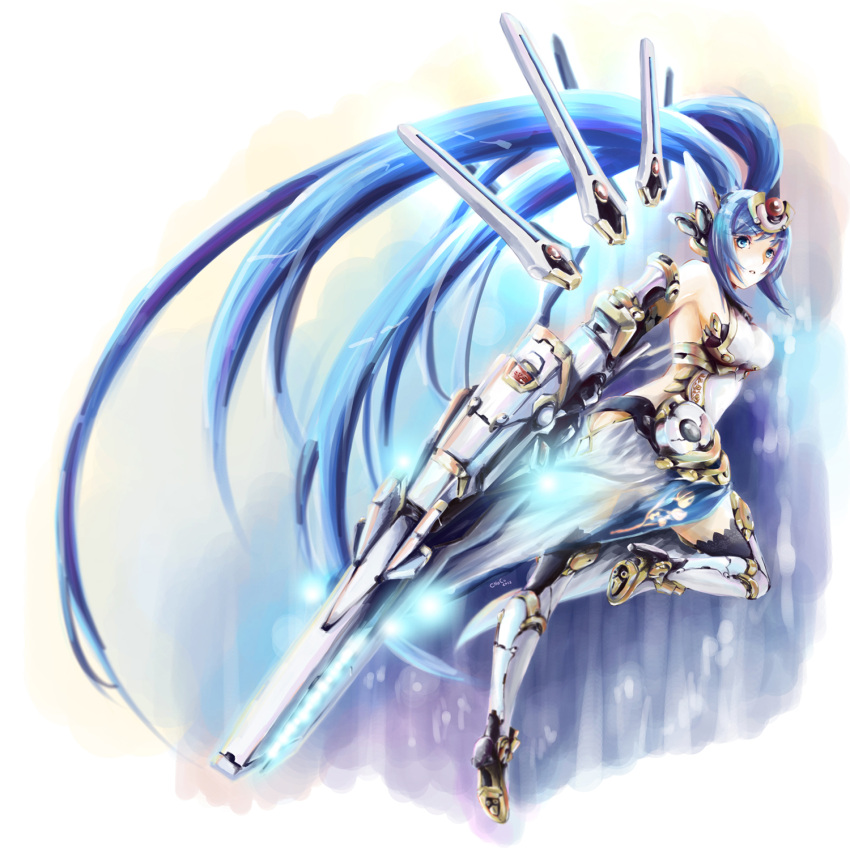 blue_eyes, blue_hair, breasts, cannon, chococuco, cosmic_break, funnels, highres