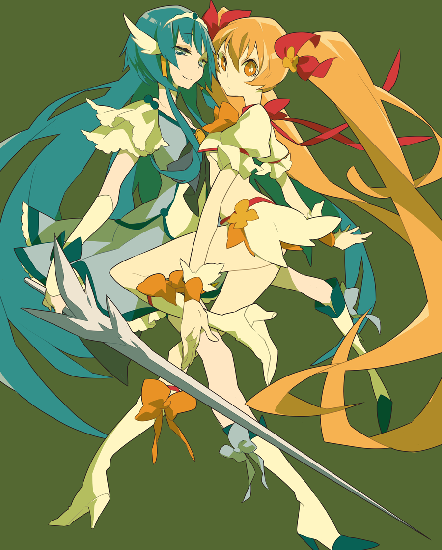 aoki_reika, blonde_hair, blue_eyes, blue_hair, boots, bow, breasts, cure_beauty, cure_sunshine, gloves, green_background, hair_bow, head_wings, heartcatch_precure!, ice, ice_sword, long_hair, magical_girl, midriff, multiple_girls, myoudouin_itsuki, precure, puffy_sleeves, smile, smile_precure!, sword, tiara, twintails, under_boob, underboob, weapon, yamada_kei, yellow_eyes