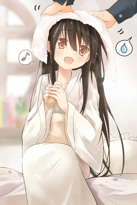 black_hair, bottle, brown_eyes, button, drying_hair, efe, formal, houraisan_kaguya