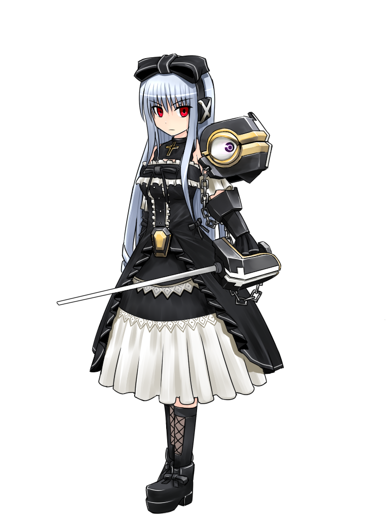 chain, chains, cosmic_break, cross, eyes, ivis, lolita_fashion, red_eyes, silver_hair, sword, weapon