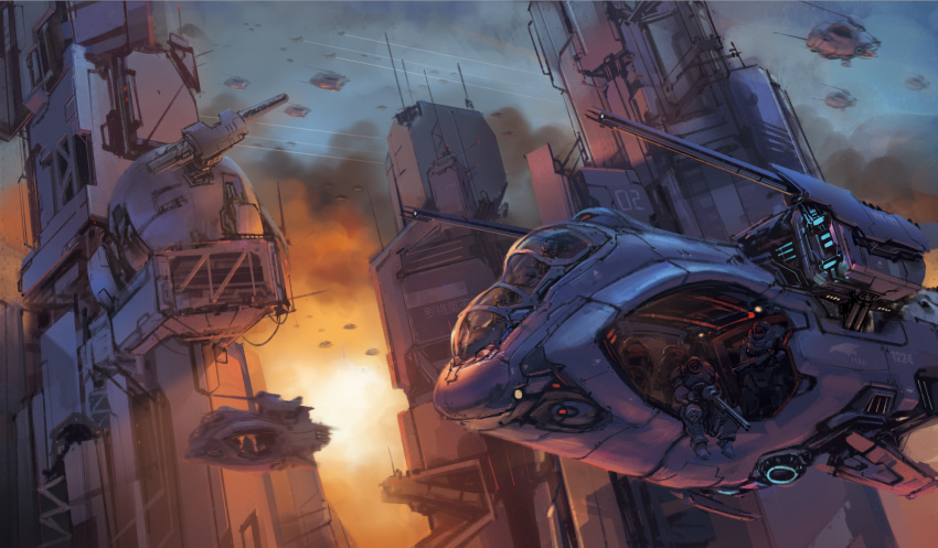 armor, building, cannon, city, condensation_trail, cyberpunk, dust_cloud, flying