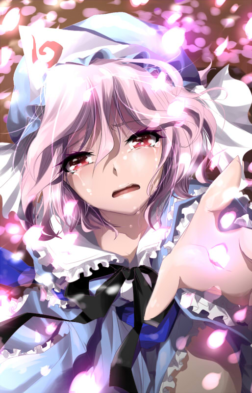 bad_id, blurry, cherry_blossoms, crying, crying_with_eyes_open, depth_of_field, fingernails, hat