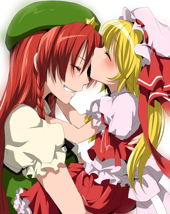 arm_up, bad_id, blonde_hair, blouse, blush, bow, closed_eyes, dress_shirt
