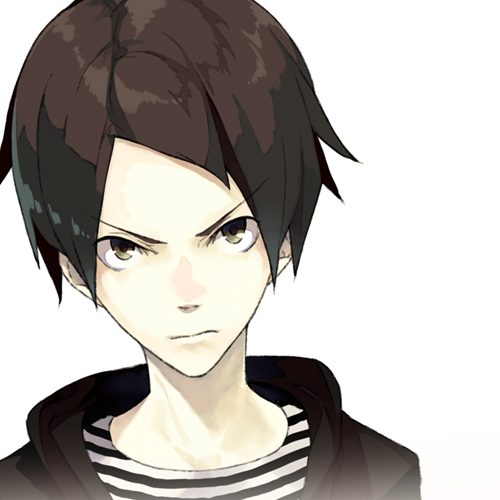 >:|, ako_(nedm), black_eyes, black_hair, lowres, male, original, simple_background, solo, striped, white_background
