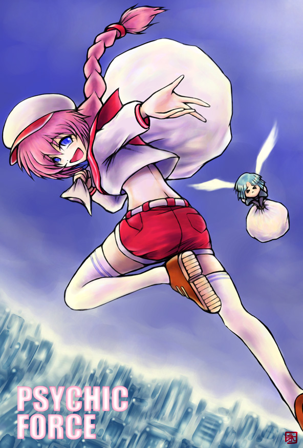 1girl, bag, blue_eyes, blue_hair, braid, emilio_michaelov, flying, hat, long_hair, looking_back, naga-m, pink_hair, psychic_force, shirt, shoes, shorts, single_braid, smile, thigh-highs, thighhighs, title_drop, wendy_ryan, white_legwear, wings