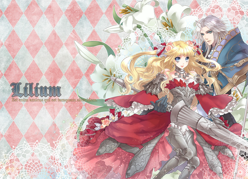 1girl, argyle, argyle_background, armor, armored_dress, blonde_hair, blue_eyes, coat