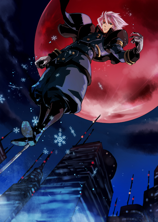 boots, capelet, city, dutch_angle, full_moon, gloves, itou_misei, keith_evans, male, moon, night, pants, psychic_force, red_moon, snowflakes, solo, white_hair