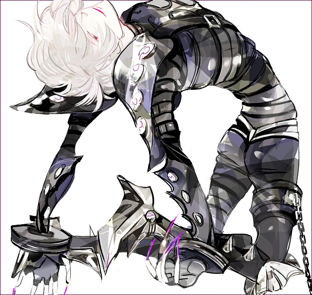 arched_back, bodysuit, brad_kirsten, brad_kristen, fingerless_gloves, gloves, heels, high_heels, kneeling, long_nails, male, psychic_force, shoes, solo, sutei_(giru), white_background, white_hair
