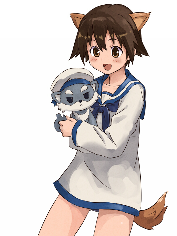 animal_ears, blush, brown_eyes, brown_hair, dog, familiar, hat, holding