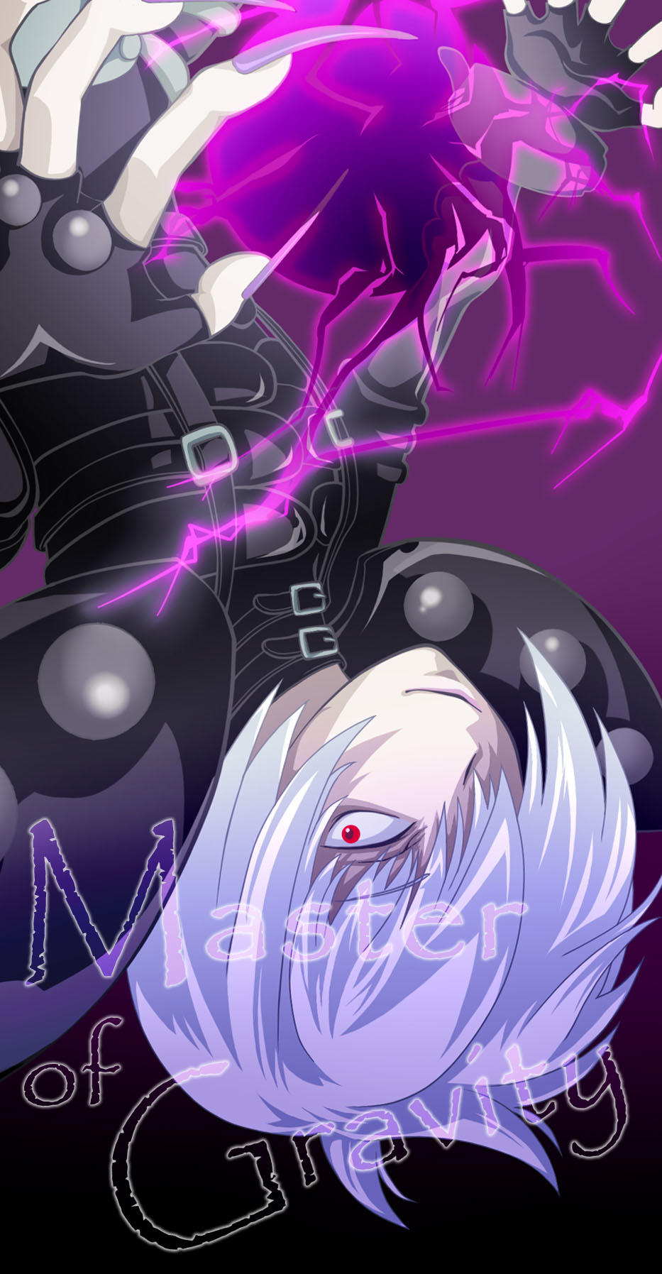 albino, bodysuit, brad_kirsten, claws, hair_over_one_eye, highres, male, psychic_force, purple_background, red_hair, redhead, solo, suiu, upside-down, white_hair