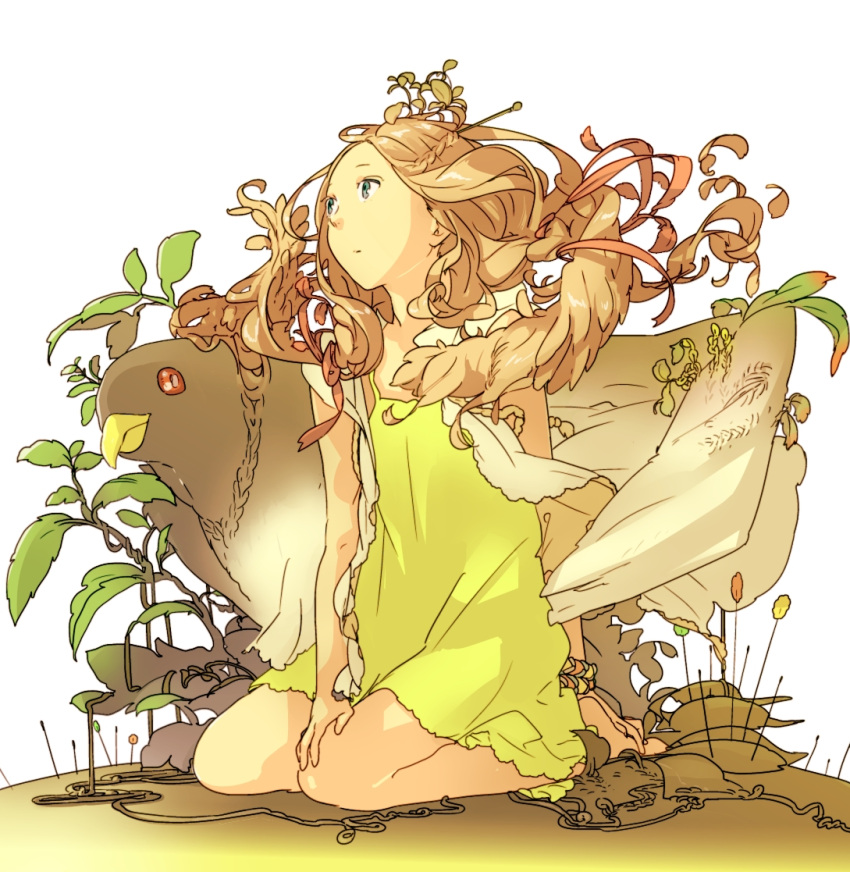 bad_id, bird, blue_eyes, brown_hair, dress, fukayama_fugin, long_hair, original