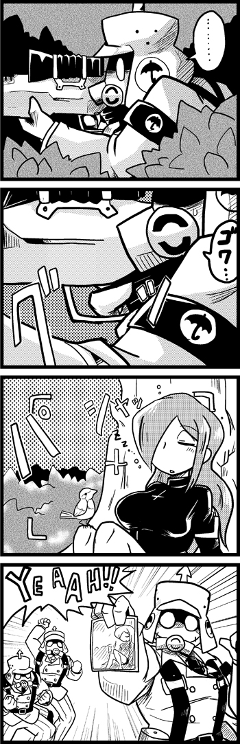 1girl, 3boys, armband, aruse, aruse_yuushi, bird, black_egrets, breasts, camera, comic, english, eyes_closed, gas_mask, gun, hair_over_one_eye, helmet, large_breasts, long_hair, monochrome, multiple_girls, parasoul_(skullgirls), photo_(object), sitting, skirt, skullgirls, sleeping, soldier, spiked_helmet, turtleneck, weapon