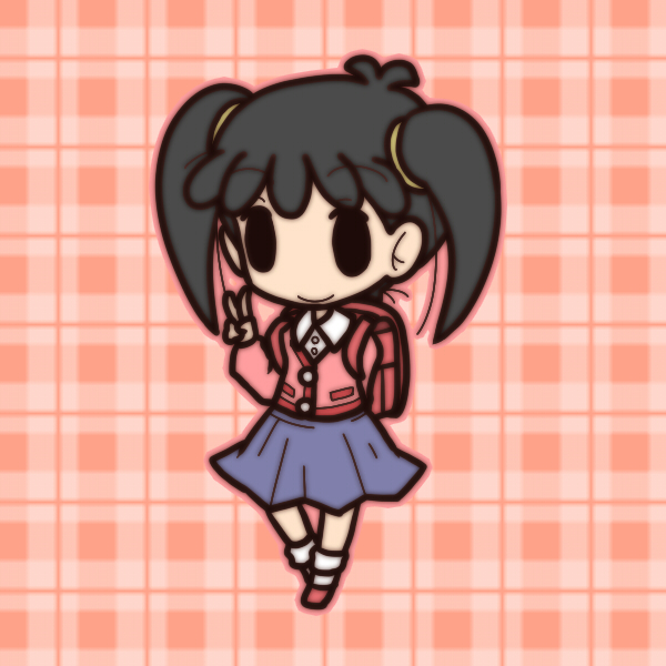 1girl, azuki-chan, azuki_(azuki-chan), backpack, bag, black_hair, chibi, fushigi_ebi, outline, plaid, plaid_background, randoseru, skirt, smile, solid_oval_eyes, solo, twintails