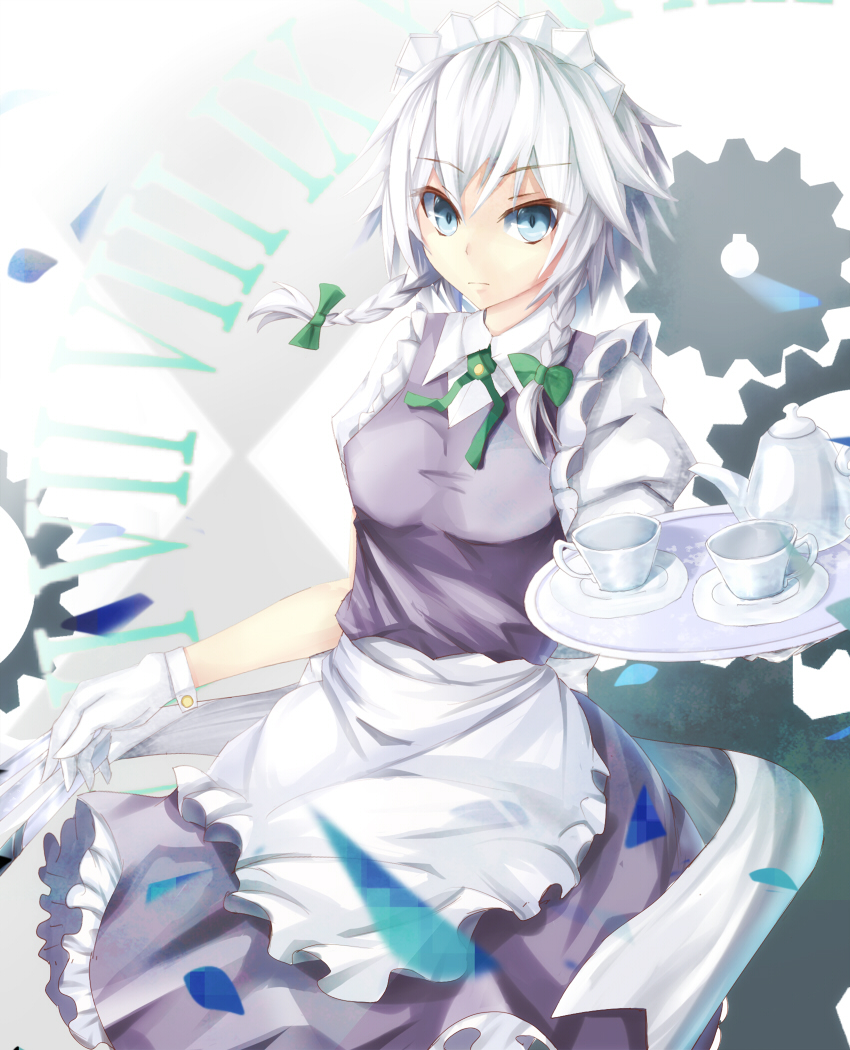 apron, bad_id, blue_eyes, bow, braid, cup, gloves, izayoi_sakuya