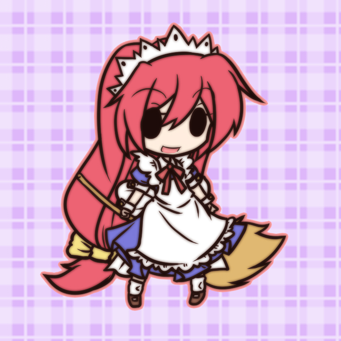 1girl, :d, broom, chibi, fushigi_ebi, holding, long_hair, maid