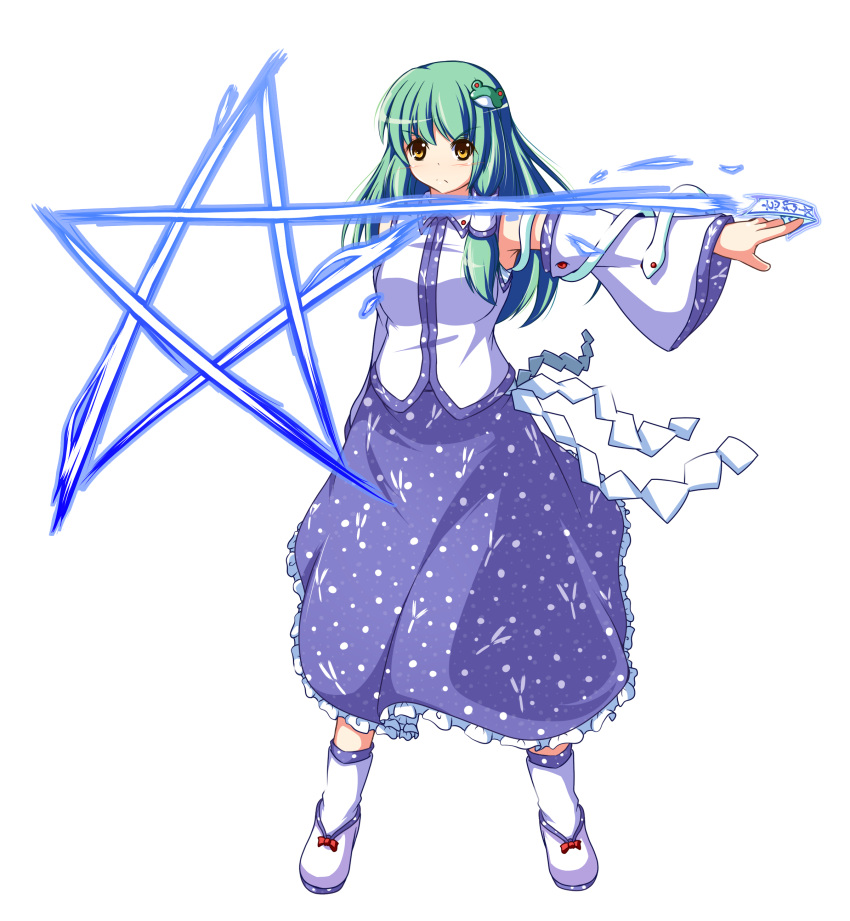 blush, breasts, detached_sleeves, foferozze, frog, gohei, green_hair, hair_ornament