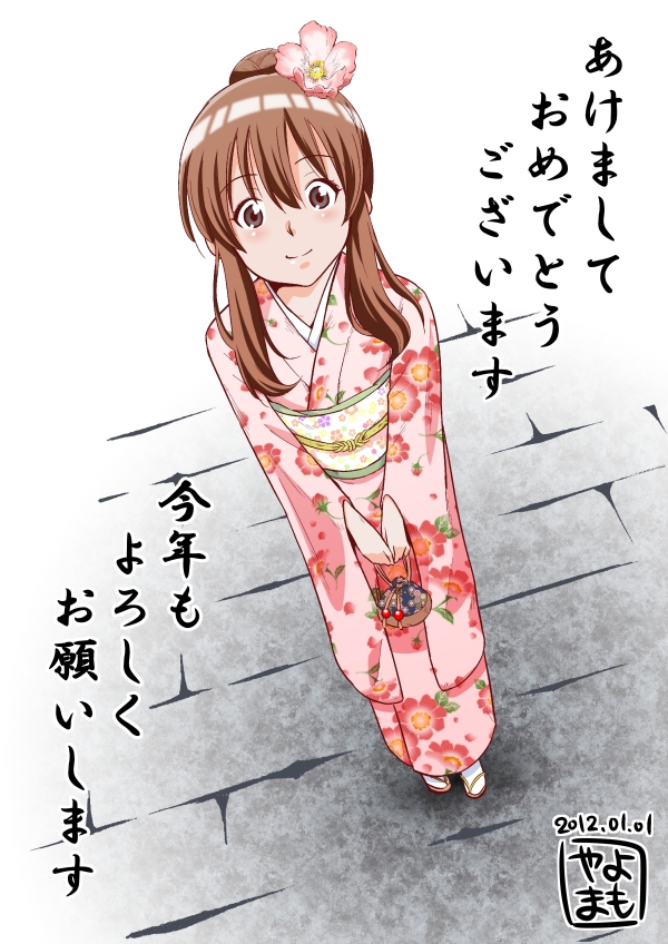 2012, akeome, bag, blush, brown_eyes, brown_hair, crossdressinging, dated