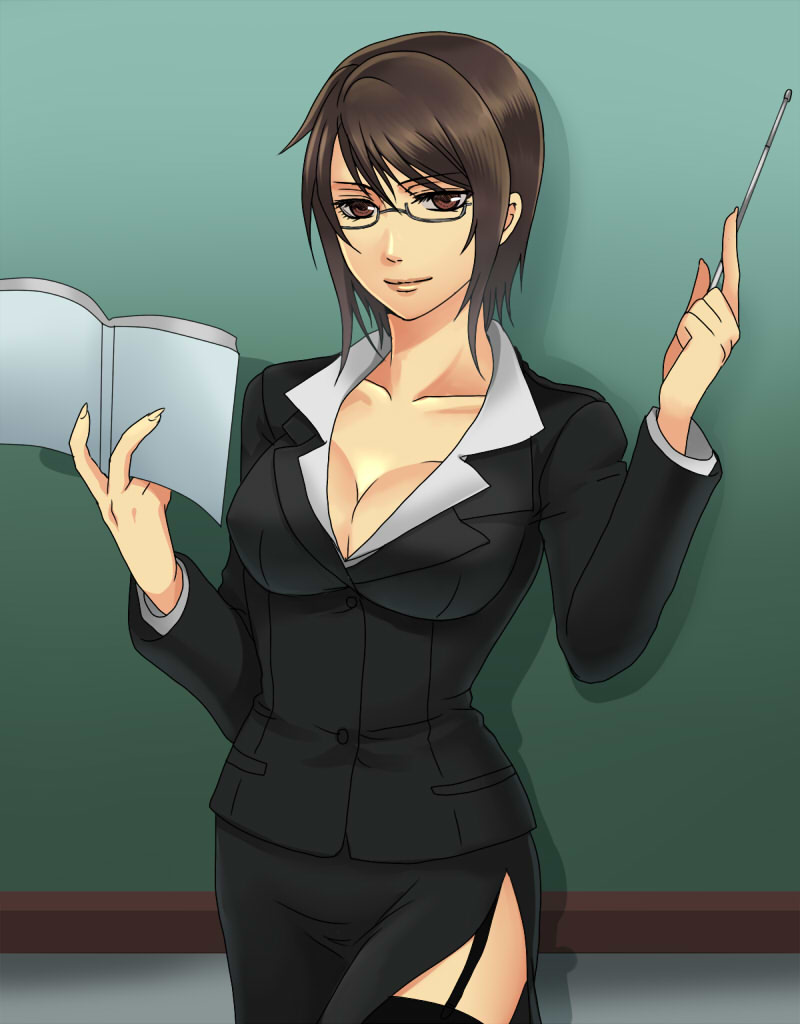 book, breasts, brown_eyes, brown_hair, cleavage, garter_straps, genderswap, glasses