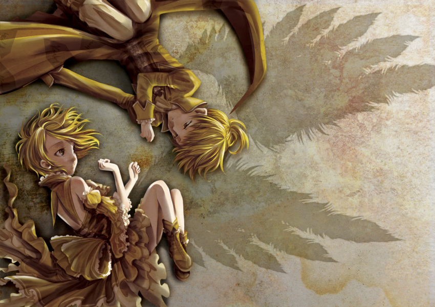 1girl, aku_no_musume_(vocaloid), bare_shoulders, blonde_hair, boots, brother_and_sister, detached_sleeves, dollyly21