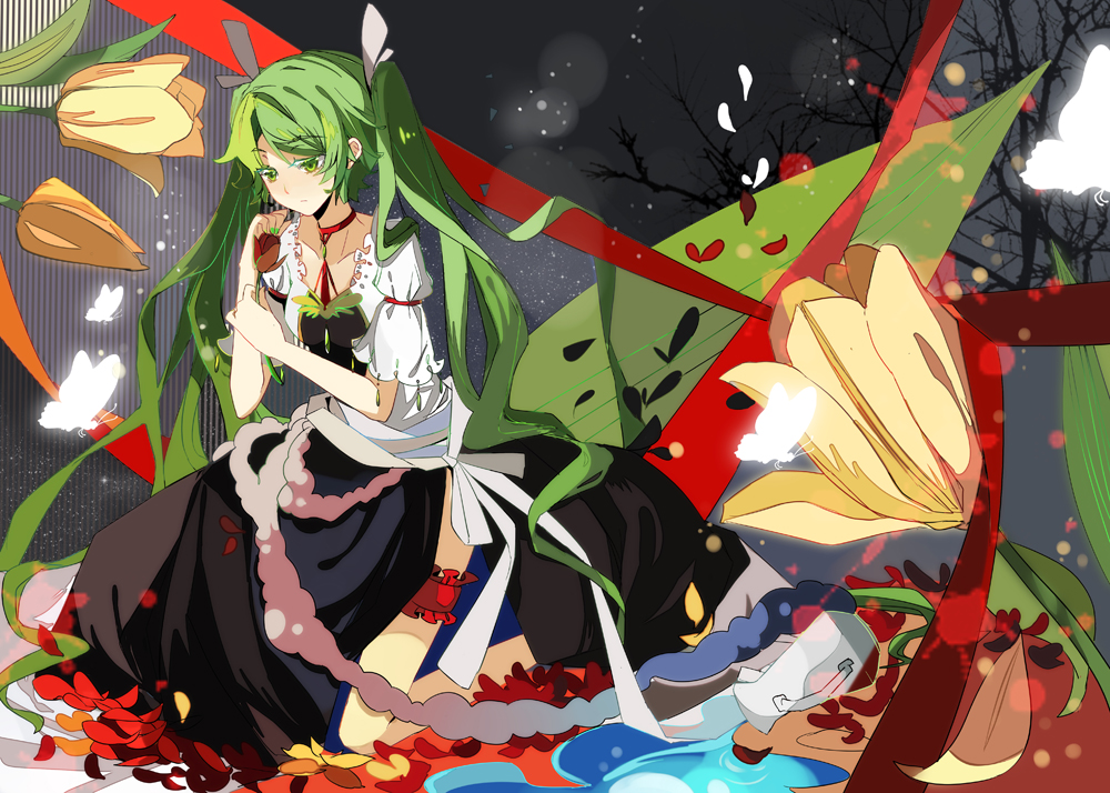choker, dress, flower, garters, green_eyes, green_hair, hatsune_miku, kneeling