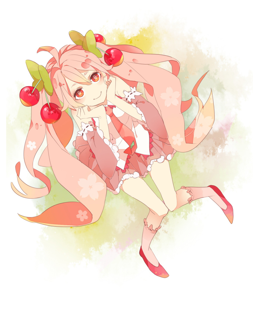 ahoge, cherry, detached_sleeves, food, footwear, from_above, fruit, hatsune_miku, highres, ichimiya, long_hair, looking_at_viewer, necktie, pink_eyes, red_eyes, sakura_miku, sitting, skirt, smile, socks, solo, twintails, very_long_hair, vocaloid
