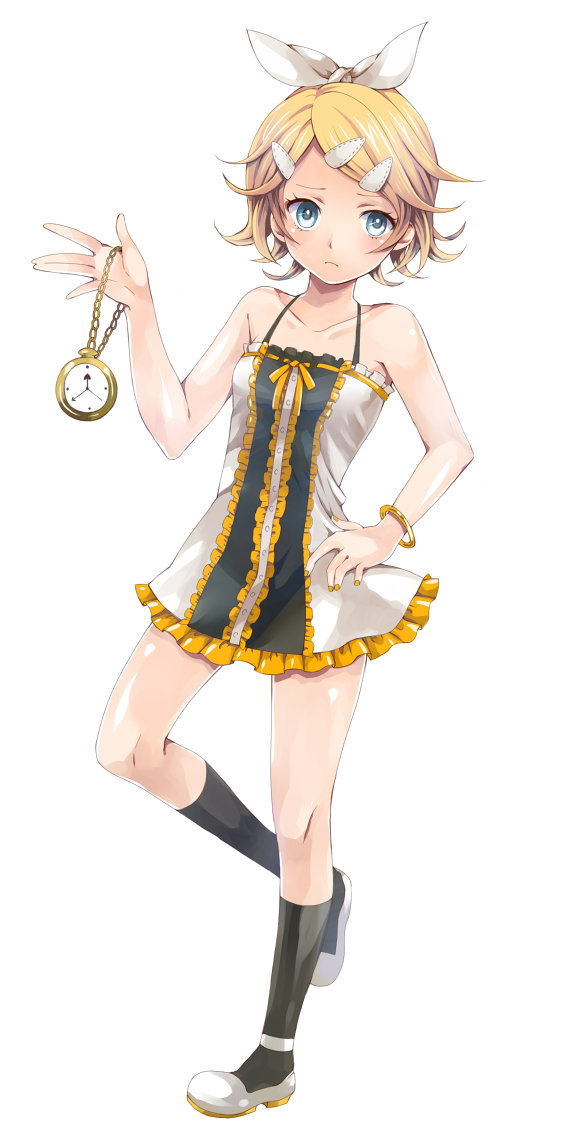 bare_shoulders, blonde_hair, blue_eyes, dress, footwear, hair_ornament, hair_ribbon, hairclip, kagamine_rin, pocket_watch, ribbon, short_dress, short_hair, simple_background, sleeveless, sleeveless_dress, socks, solo, toudou_charo, tr, transparent_background, vocaloid, watch