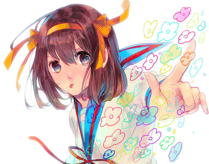 bad_id, brown_eyes, brown_hair, hairband, ichiru_(tarundoru), school_uniform, serafuku, short_hair, suzumiya_haruhi, suzumiya_haruhi_no_yuuutsu, tongue, tongue_out