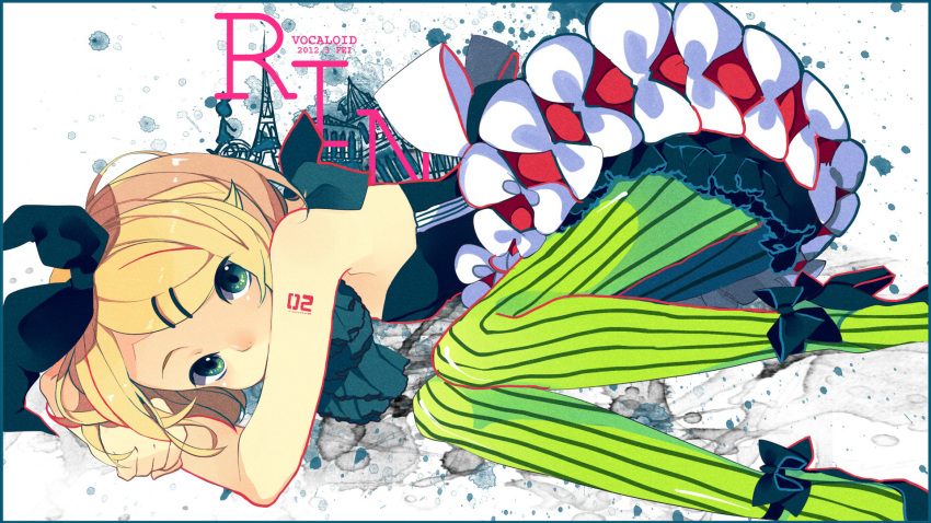 bare_shoulders, blonde_hair, character_name, dress, fen_renlei, flat_chest, green_eyes, green_legwear