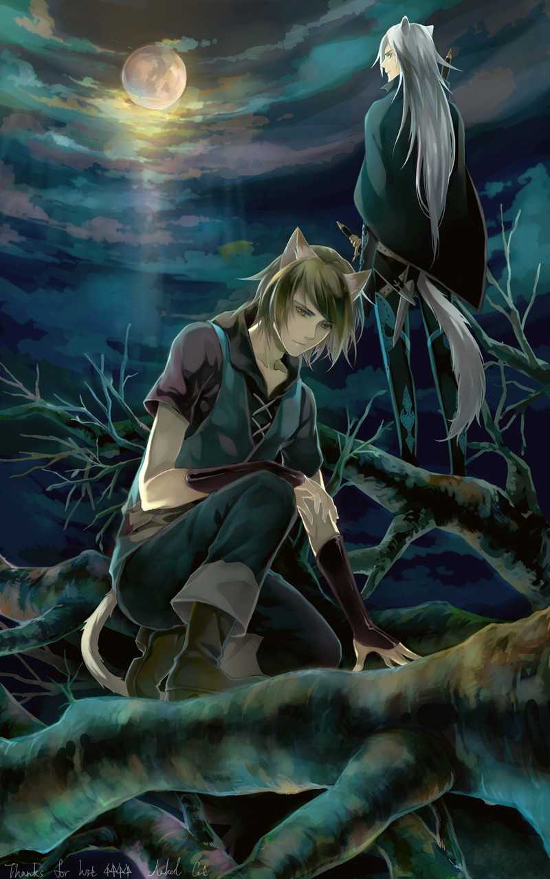 brown_hair, cat_ears, cat_tail, full_moon, highres, konoe, lamento, long_hair
