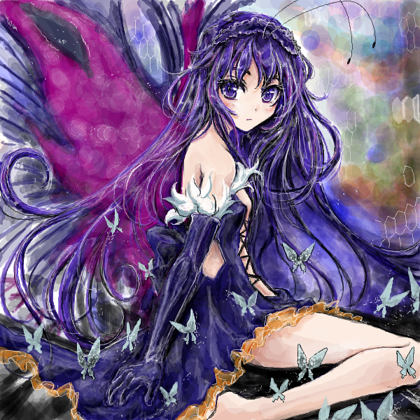 accel_world, antennae, bare_shoulders, butterfly, butterfly_wings, elbow_gloves, gloves, kuro_yuki_hime