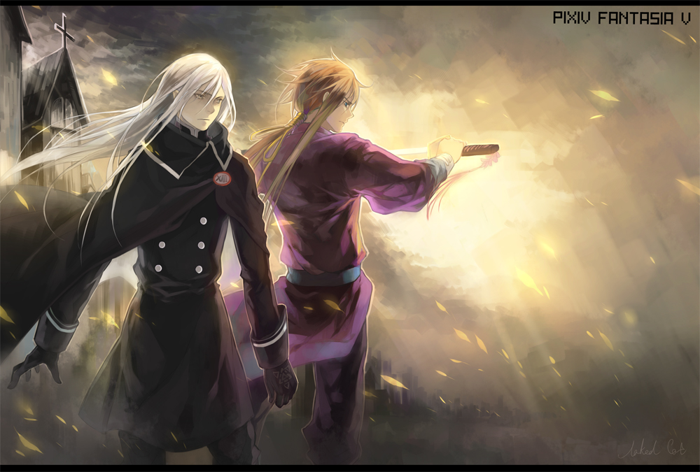 blue_eyes, brown_hair, cloak, gloves, katana, long_hair, multiple_boys, naked_cat