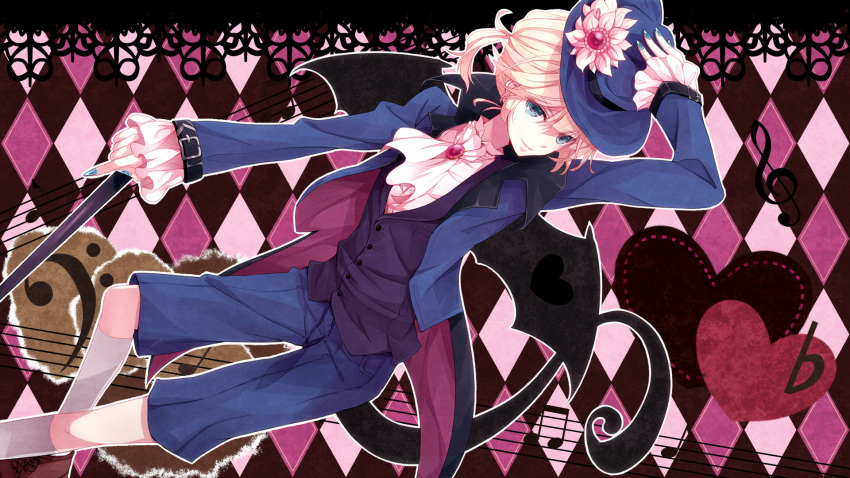 1920x1080, argyle, argyle_background, blonde_hair, blue_eyes, flower, formal, hat