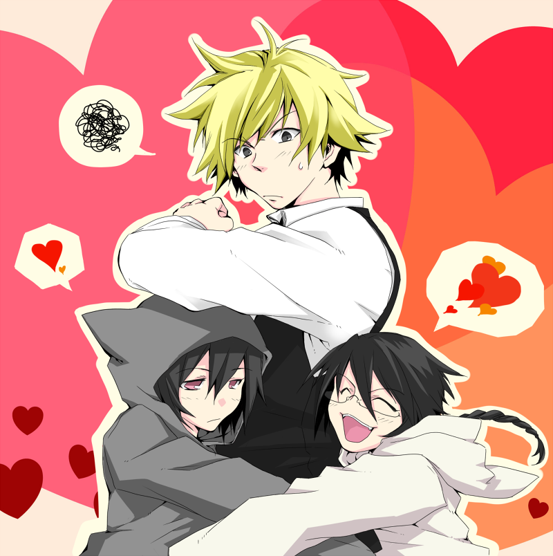 closed_eyes, durarara!!, heart, heiwajima_shizuo, hug, hug_from_behind, kometto, male, orihara_kururi, orihara_mairu, smile, sweatdrop