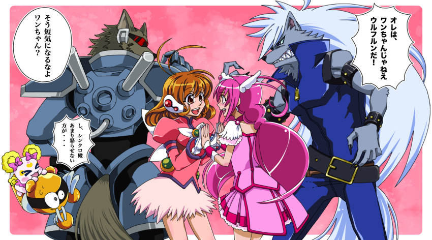 >_<, 2girls, angry, armor, brown_hair, candy_(smile_precure!), clenched_teeth, corrector_yui