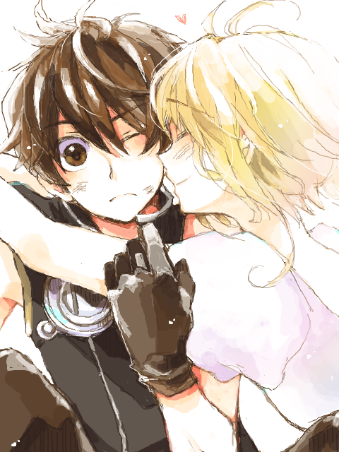 1girl, blonde_hair, brown_eyes, brown_hair, cheek_kiss, closed_eyes, couple, dorayan, eyes_closed, kiss, sakura_hime, short_hair, smile, tsubasa_chronicle, xiaolang