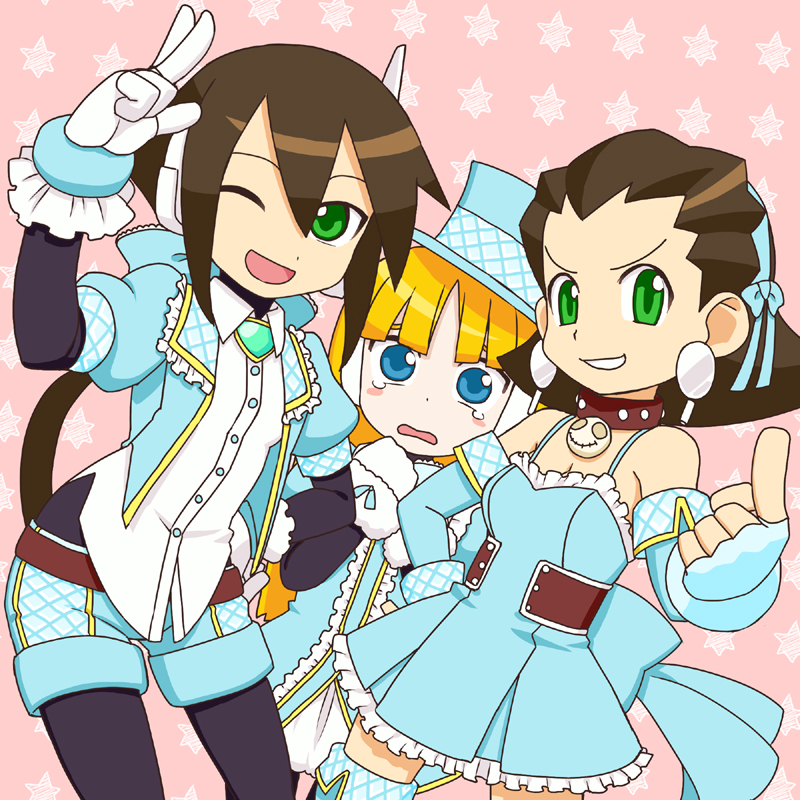 alouette_(mega_man), alouette_(rockman_zero), blonde_hair, blue_eyes, brown_hair, green_eyes, pantyhose, parody