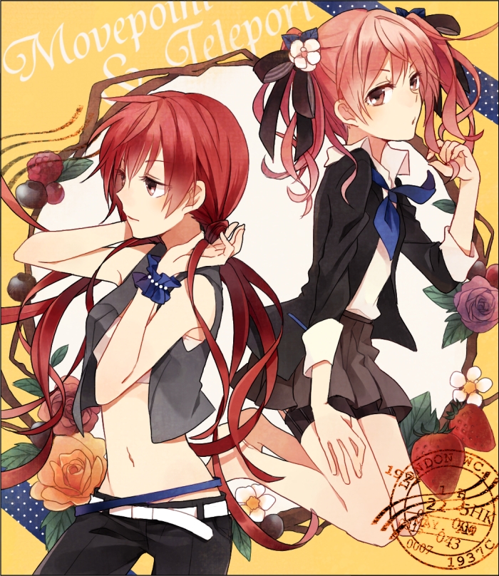 bad_id, flower, hair_flower, hair_ornament, midriff, multiple_girls, musujime_awaki, red_hair