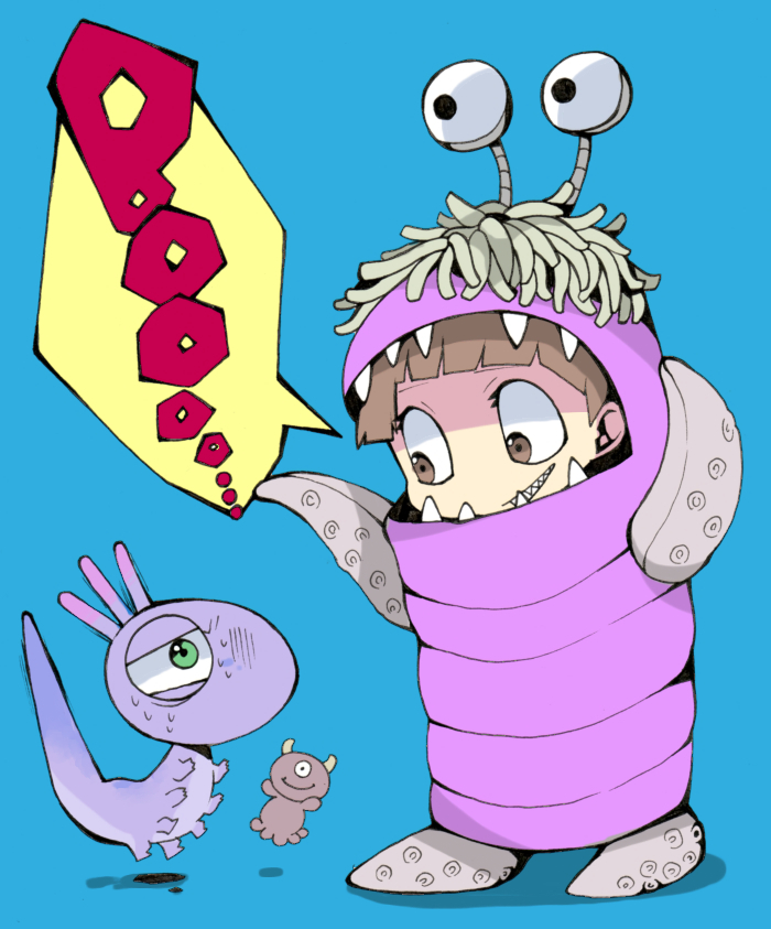 1girl, boo_(monsters_inc.), brown_eyes, brown_hair, child, costume, creature, cyclops, doll, english, eyestalks, grin, ikuchi_osutega, lizard, monster, monsters_inc., randall_boggs, sharp_teeth, simple_background, smile, tentacle, tentacles