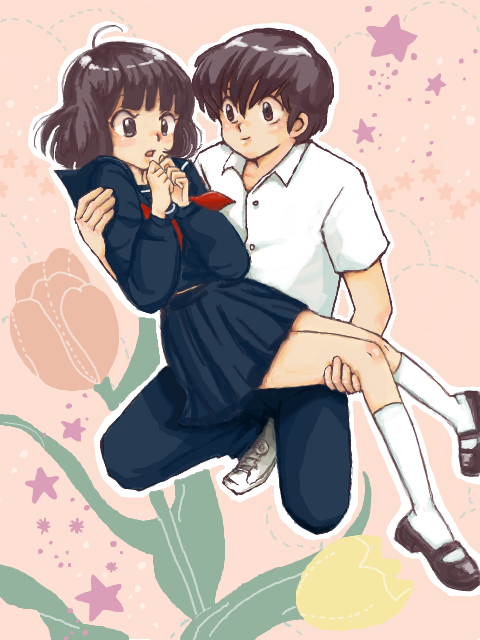 androgynous, bad_id, brown_eyes, brown_hair, carrying, couple, crossdressinging, footwear