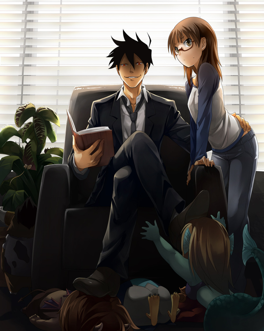 1girl, akutabe, armchair, azazel, beelzebub_(azazel-san), book, brown_hair, crossed_legs